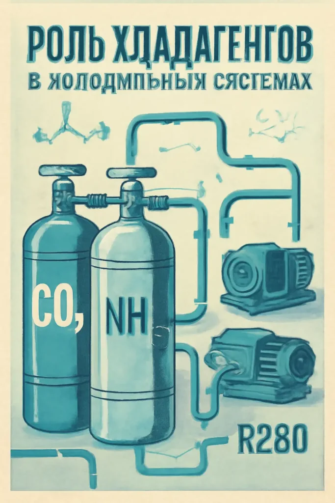 Винтажный научный плакат с баллонами хладагентов CO₂, NH₃ и R290, подключёнными к трубам и компрессору, выполненный в холодных голубых тонах на состаренной бумаге с химическими формулами на фоне.